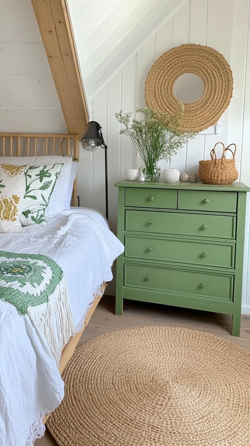 25 einzigartige Salbei grüne Boho Schlafzimmer Ideen für 2025 70 22. Upcycled Charm: Neumagine alte Möbel in mit Salbei bemalten Stücke für einen personalisierten Touch-2 neu