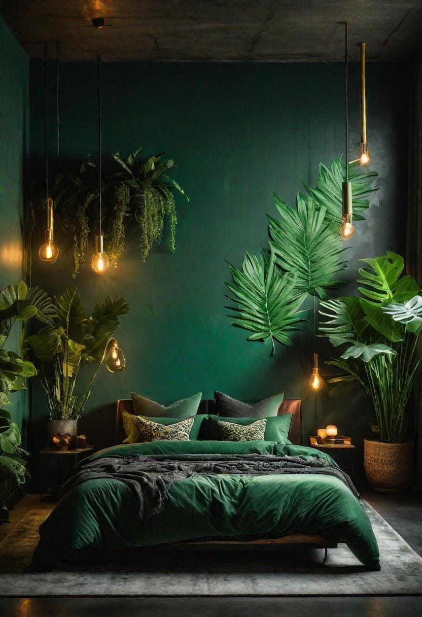20 moody green bedroom ideas for a cozy retreat 13 4. Urban jungle: dark green urban patterns with industrial lighting and concrete surfaces mix-0