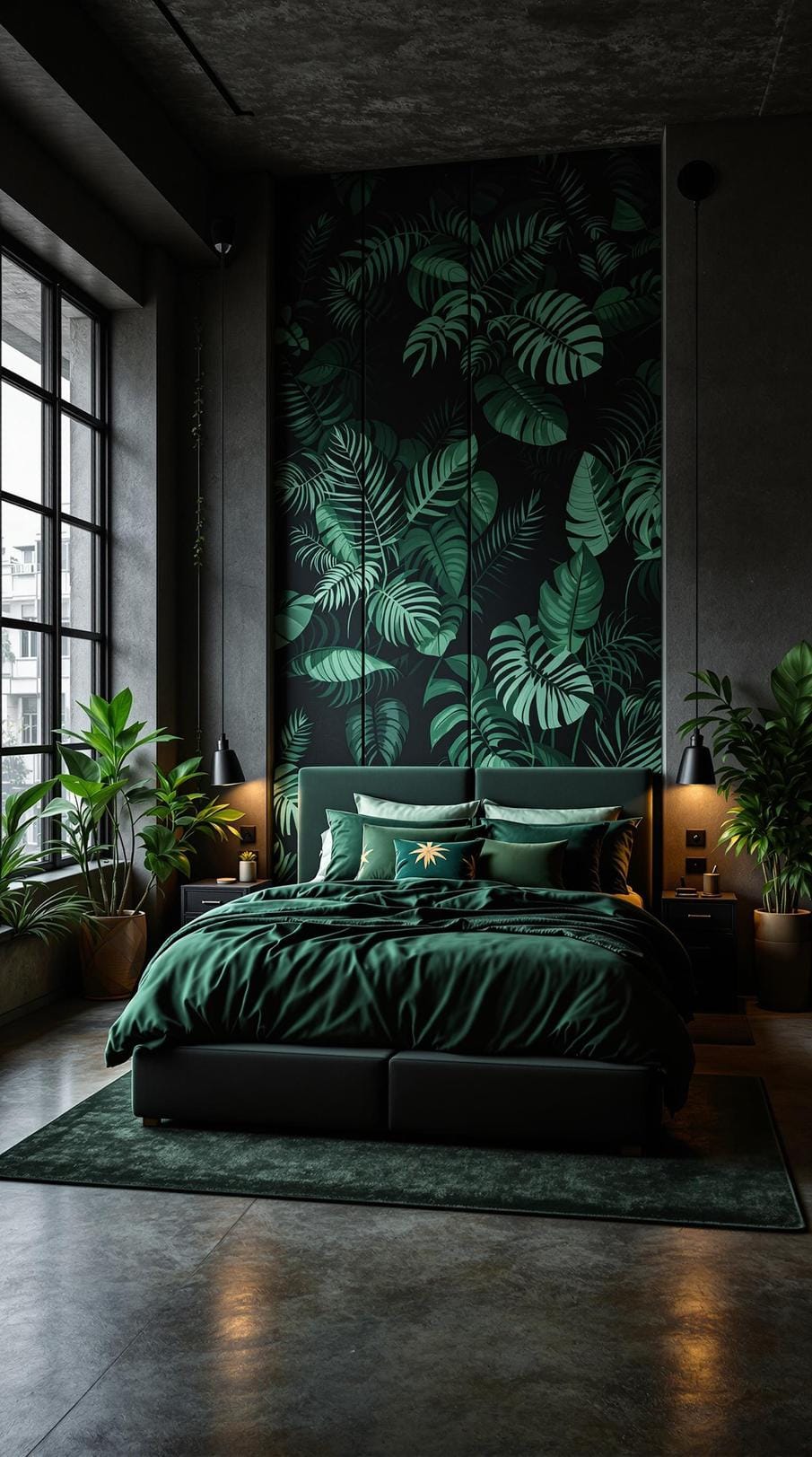 20 moody green bedroom ideas for a cozy retreat 14 4. Urban jungle: Mix dark green urban patterns with industrial lighting and concrete surface-1