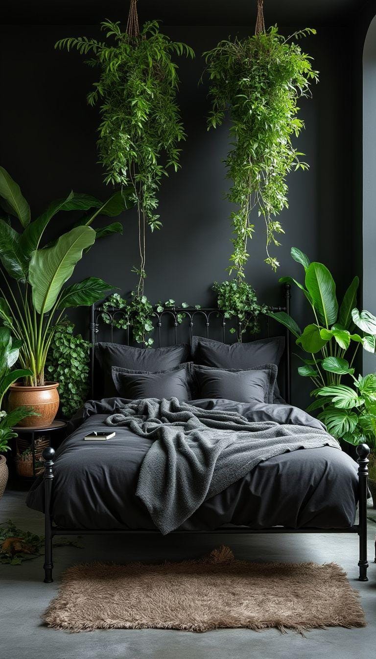 20 elegant black and green bedroom ideas that you have to see 3 1. Urban Jungle Retreat: combine lush green plants with black metal bed frame for an industrial-chic mood-0