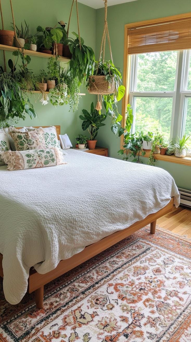 25 Trendy Sage Green Schlafzimmer Ideen für 2025 31 10. Urban Jungle Retreat mit Salbei grüne Farbe und reichlich in den Innenpflanzen-0