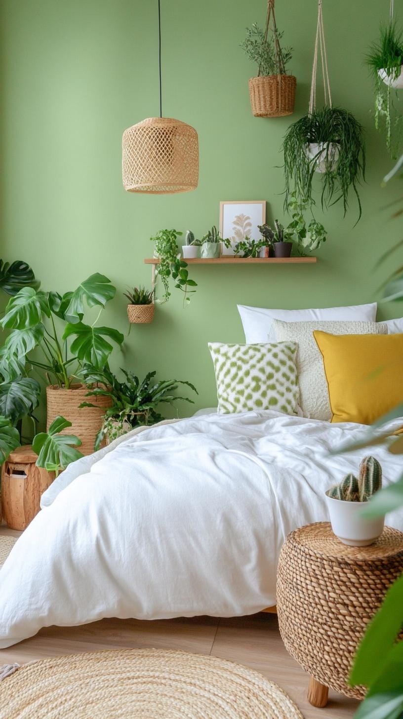 25 Trendy Sage Green Schlafzimmer Ideen für 2025 32 10. Urban Jungle Retreat mit Salbei grüne Farbe und reichlich in den Innenpflanzen-1