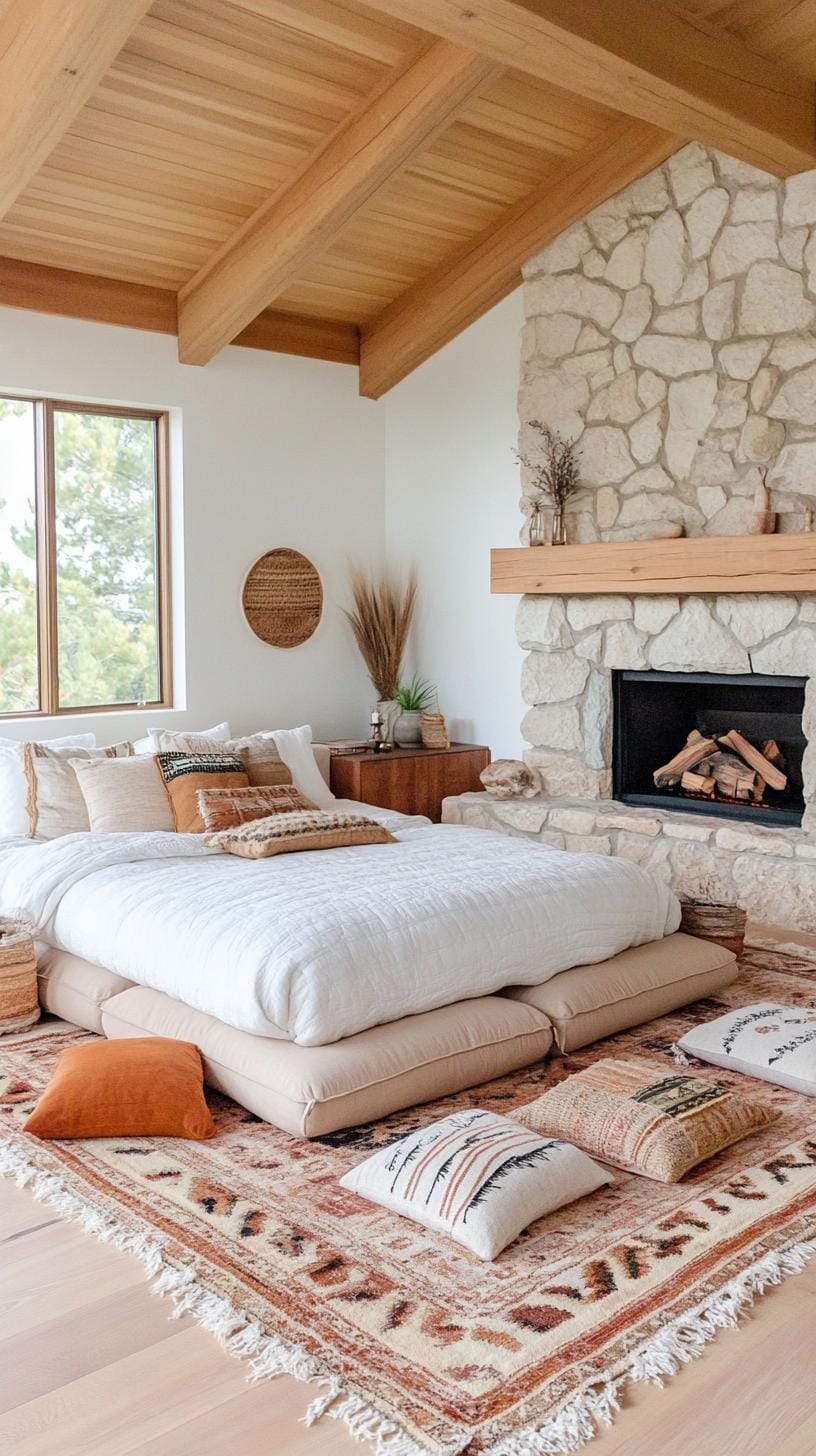 21 Breathtaking Western Boho Bedroom Ideas to inspire you 38 11. Use floor cushions in steamed earth tones to create a casual zone next to a fireplace that is decorated with desert stone