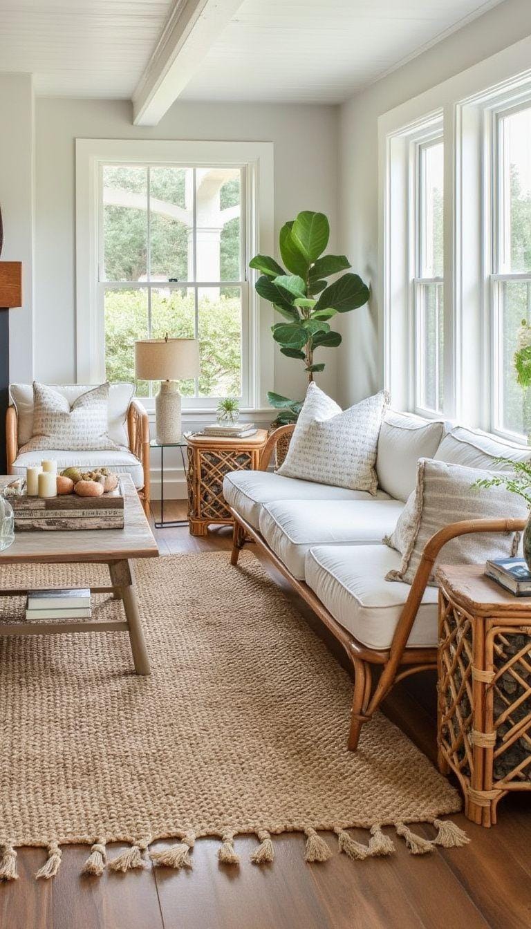 20 unique coastal farmhouse living room ideas, the woW 6 2. Use jute carpets and rattan accents to mix the farmhouse with beach texture-0