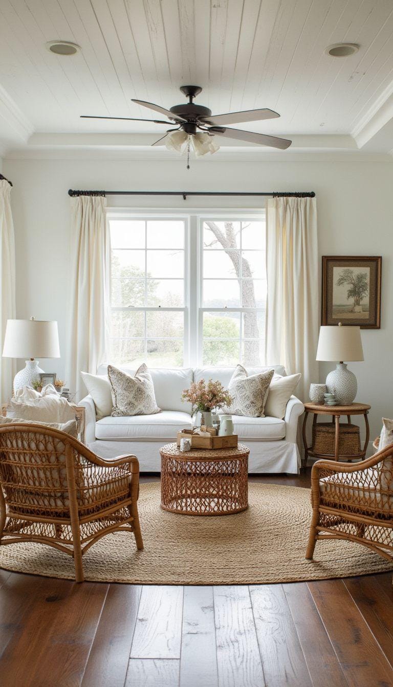 20 unique coastal farmhouse living room ideas, the woW 8 2. Use jute carpets and rattan accents to mix the farmhouse with beach texture-2