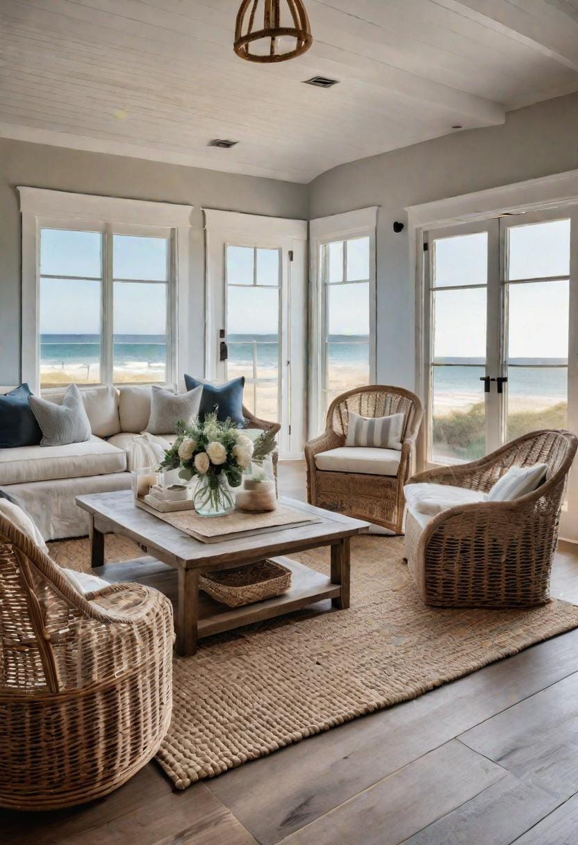 20 unique coastal farmhouse living room ideas, the wow 9 2. Use jute carpets and rattan accents to mix the farmhouse with beach texture-3