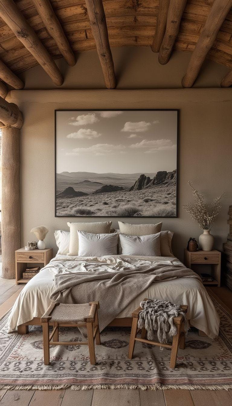 21 Breathtaking Western Boho Bedroom Ideas to inspire you 63 20. Use large, monochromatic photographs of desert landscapes as an oversized wallart-0