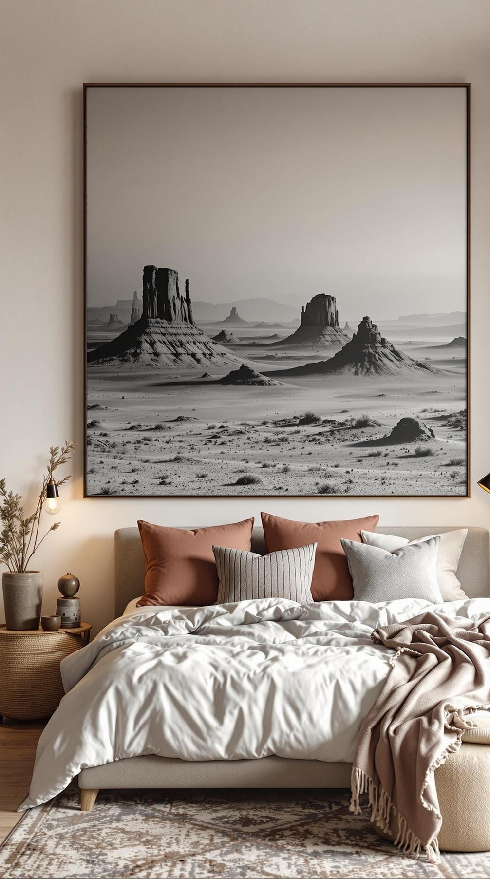 21 Breathtaking Western Boho Bedroom Ideas to inspire you 64 20. Use large, monochromatic photographs of desert landscapes as oversized wall art-1