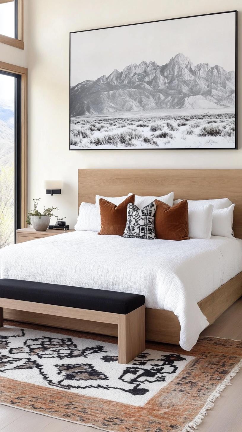 21 Breathtaking Western Boho Bedroom Ideas to inspire you 65 20. Use large, monochromatic photographs of desert landscapes as an oversized wall-art-2