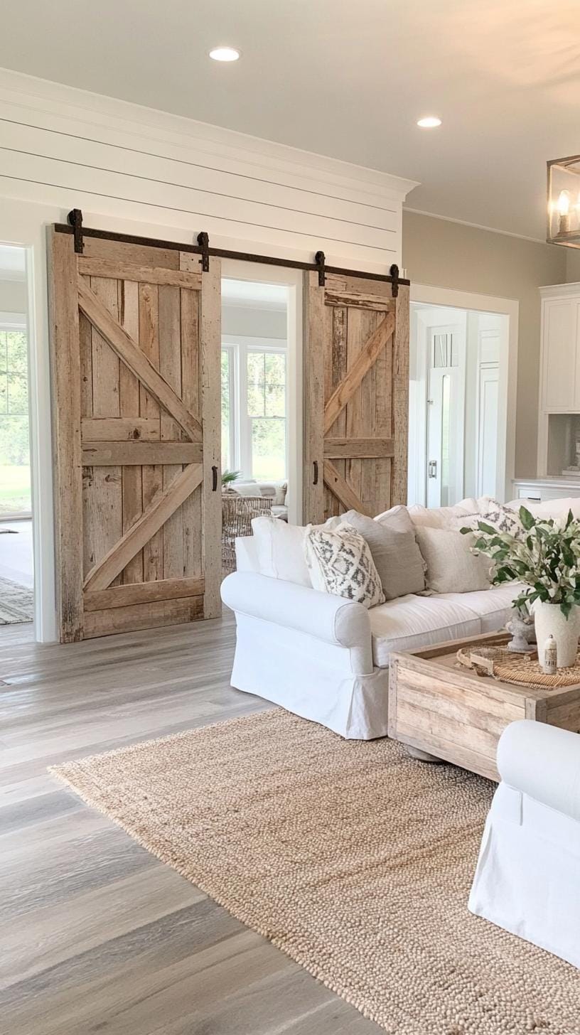 20 unique coastal farmhouse living room ideas, the woW 38 12. Use recovered barn doors as decorative space dividers or akent pieces 0