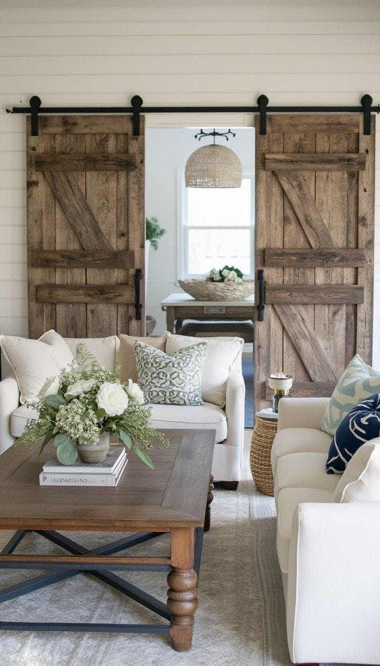 20 unique coastal farmhouse living room ideas, the woW 39 12. Use recovered barn doors as decorative space dividers or akent pieces-1