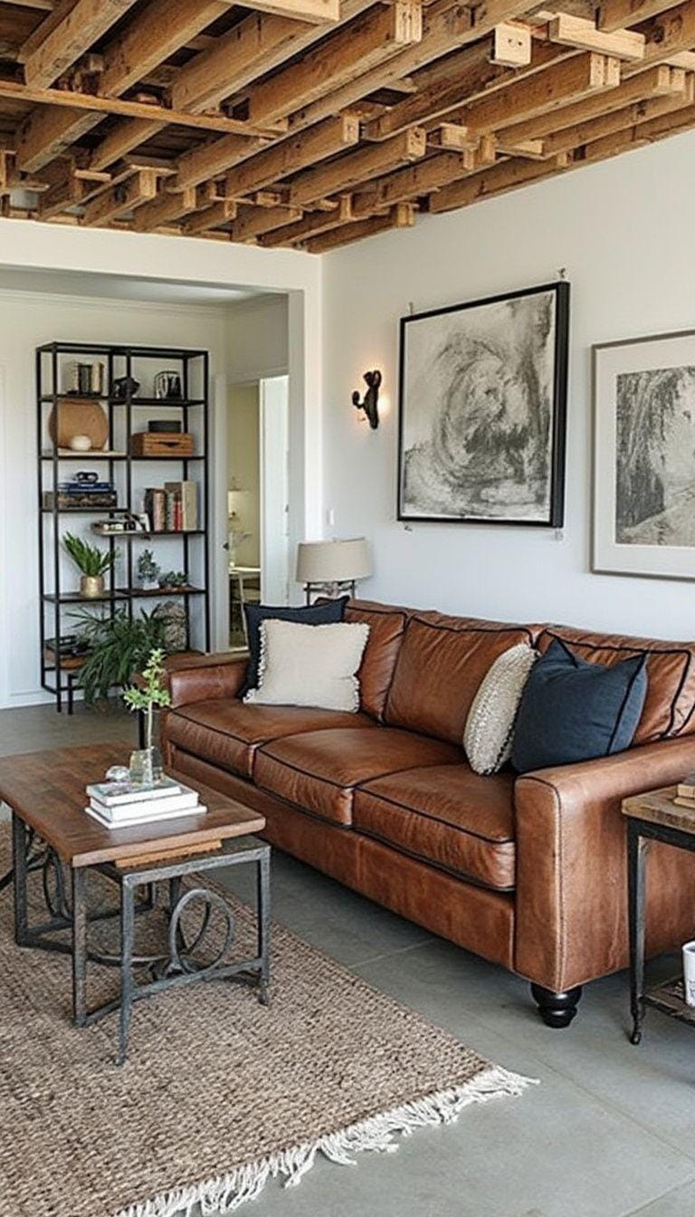 21 Best industrial farmhouse ideas for inspire 24 8. Use a needy leather sofa, paired with metal and wooden side tables and a palette ceiling installation for a coherent look-0