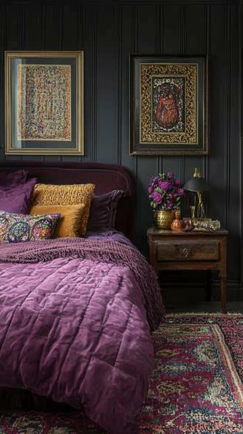 23 Atmospheric Boho bedroom ideas for copying 13 4. Total bedding in jewel tones with an eclectic framed wall art-1