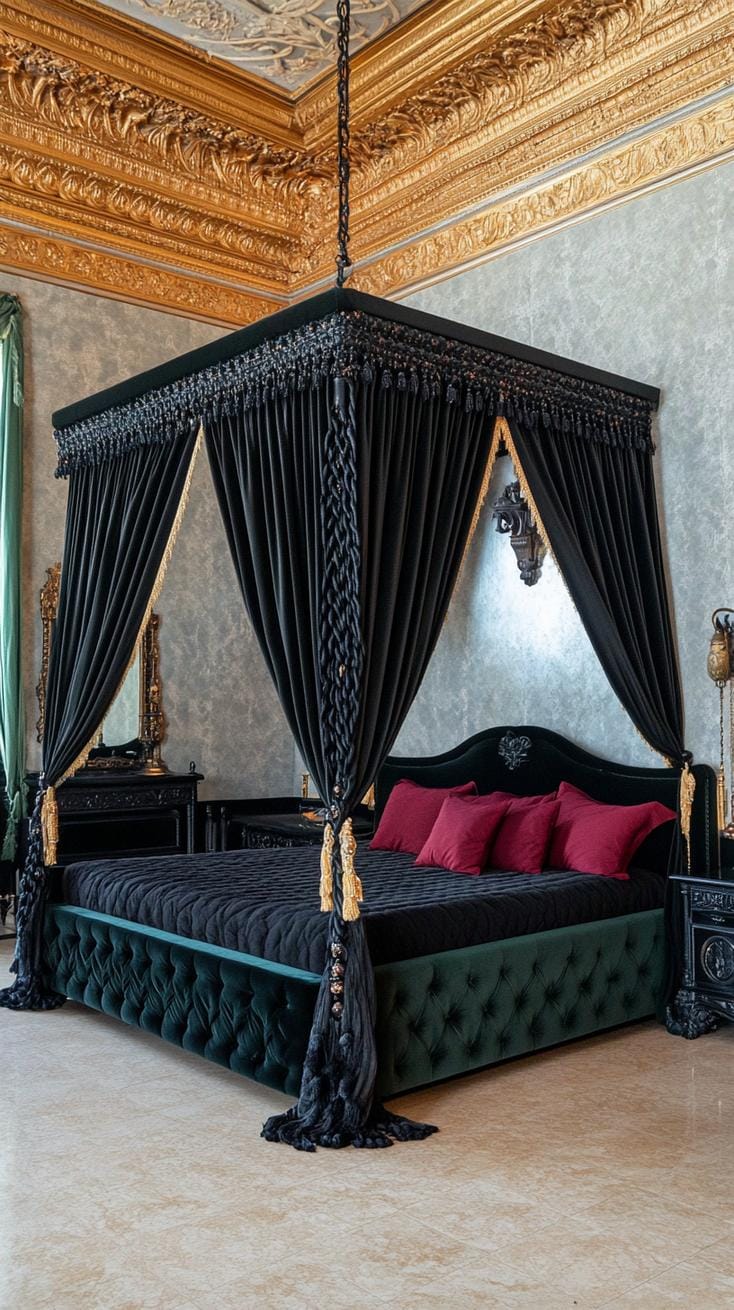 19 Best Gothic Boho bedroom ideas for a dreamy sanctuary on 3rd 3. 1. Velvet Baldachin bed decorated with macramé curtains and surrounded by antiquated mirrors with Patina-0
