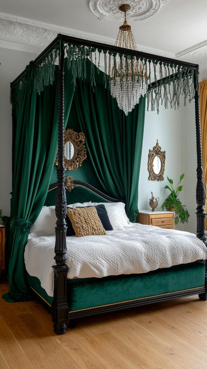 19 Best Gothic Boho bedroom ideas for a dreamy sanctuary 4. 4. 1. Velvet-Baldachin bed decorated with macramé curtains and surrounded by antiquated mirrors with Patina-1
