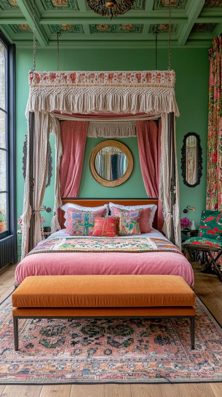 19 Best Gothic Boho bedroom ideas for a dreamy sanctuary on 5.5. 1. Velvet-Baldachin bed decorated with macramé curtains and surrounded by antiquated mirrors with Patina-2
