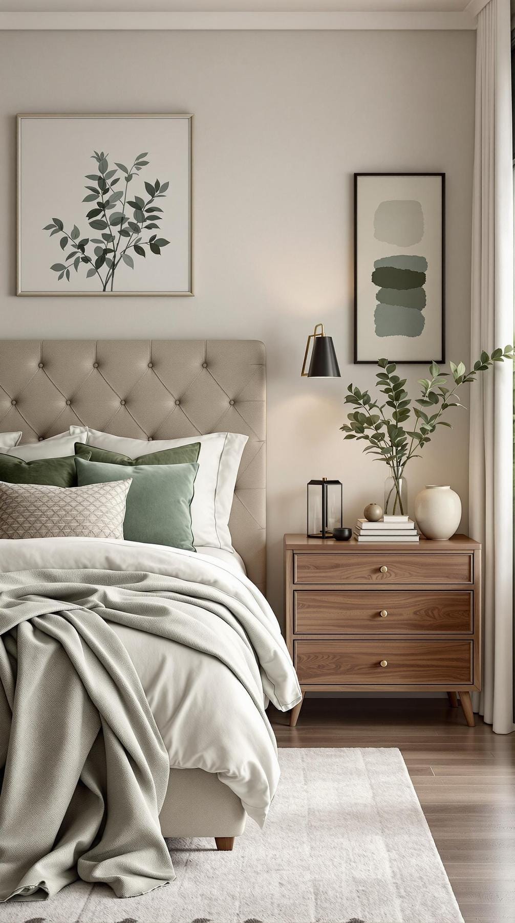 25 Trendy Sage Green Schlafzimmer Ideen für 2025 80 24. Vielseitige neutrale Basis mit rauchigen Salbeigrün-Highlights für einen ruhigen Effekt-1