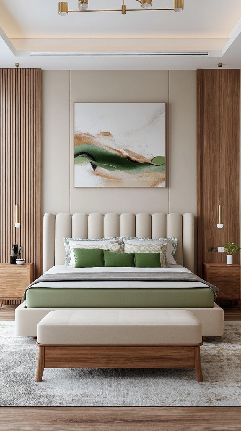 25 Trendy Sage Green Schlafzimmer Ideen für 2025 81 24. Vielseitige neutrale Basis mit rauchigen Salbeigrün-Highlights für einen ruhigen Effekt-2