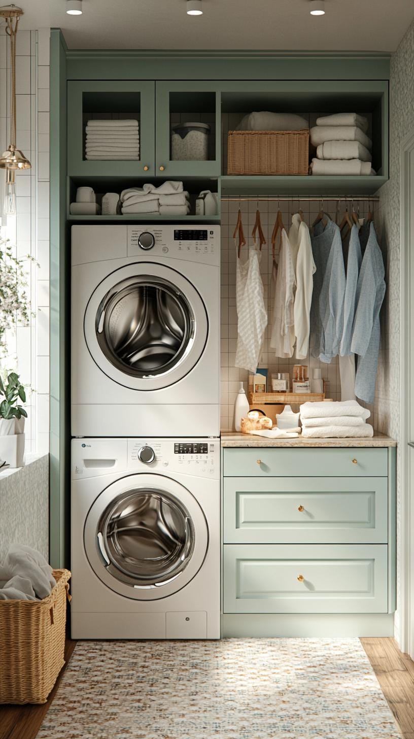 20 Genius Tiny laundry kitchen ideas: organization & stacked design 15 6. Vertical storage tower with extractors alongside machine-0