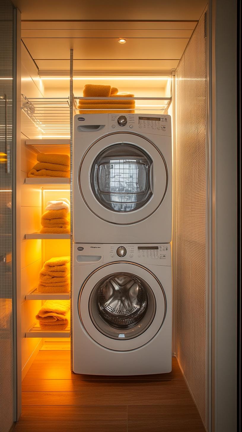 20 Genius Tiny Waundry Room Ideas: Organization & Stacked Design 16 6. Vertical storage tower with extractors alongside machine-1