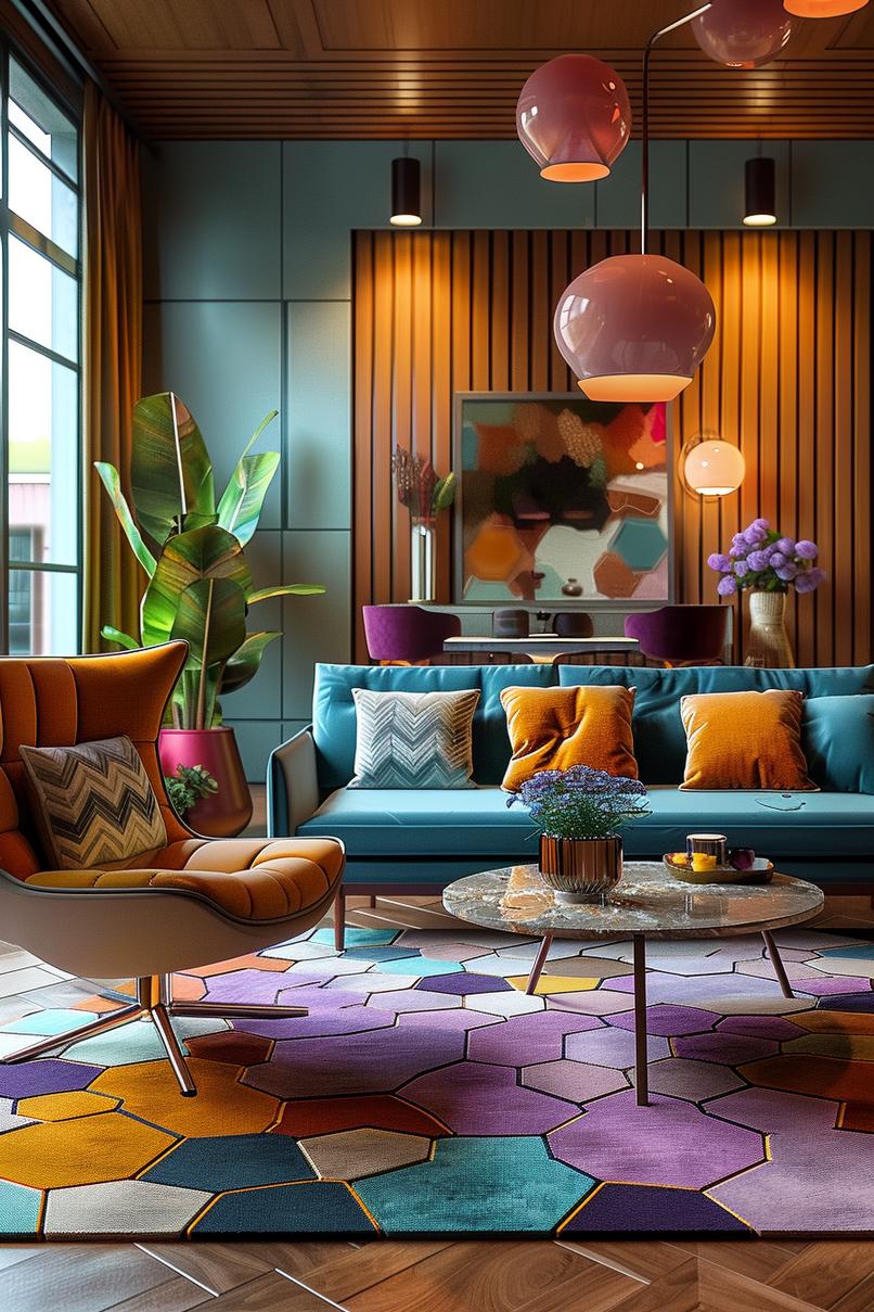 18 colorful in the middle of the century modern living room design 7 2. Lively geometric carpet selection-1