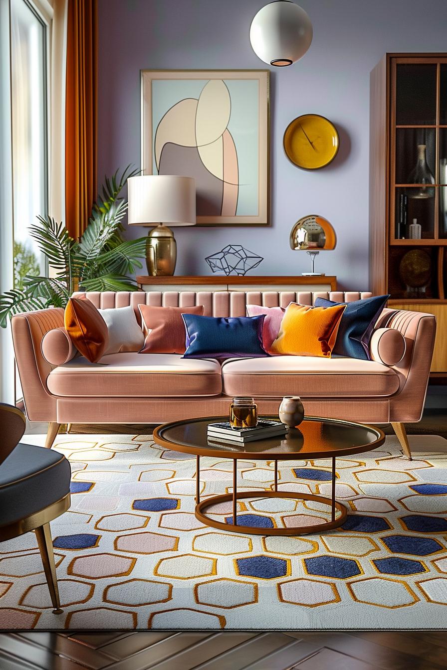 18 colorful in the middle of the century modern living room design 8 2. Lively geometric carpet selection-2