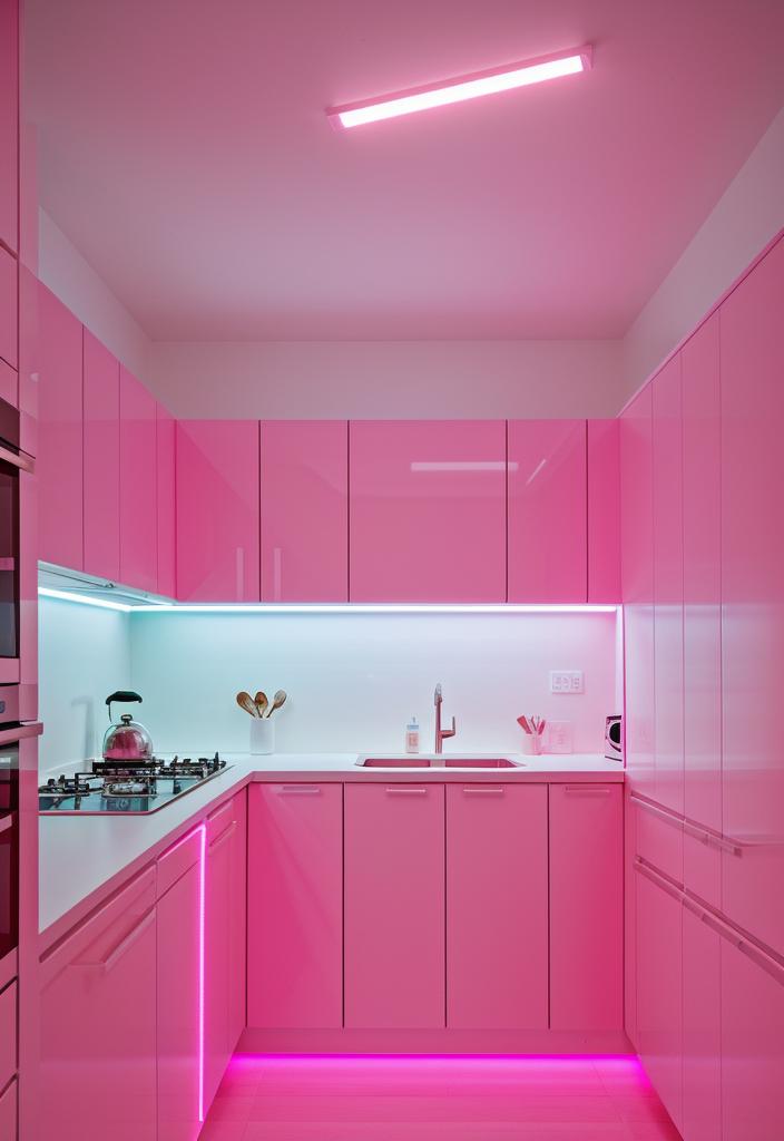 35 Charming Pink Kitchen Ideas: a Feminine Flair in Your Cooking Space 8 6. Vibrant Pink Cabinet Lighting-0
