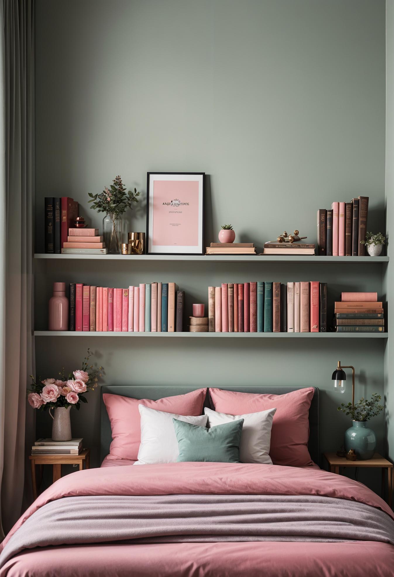 31 Chic Sage Green and Pink Bedroom Inspirations 26 16. Vintage Books Decor in Sage & Pink-0