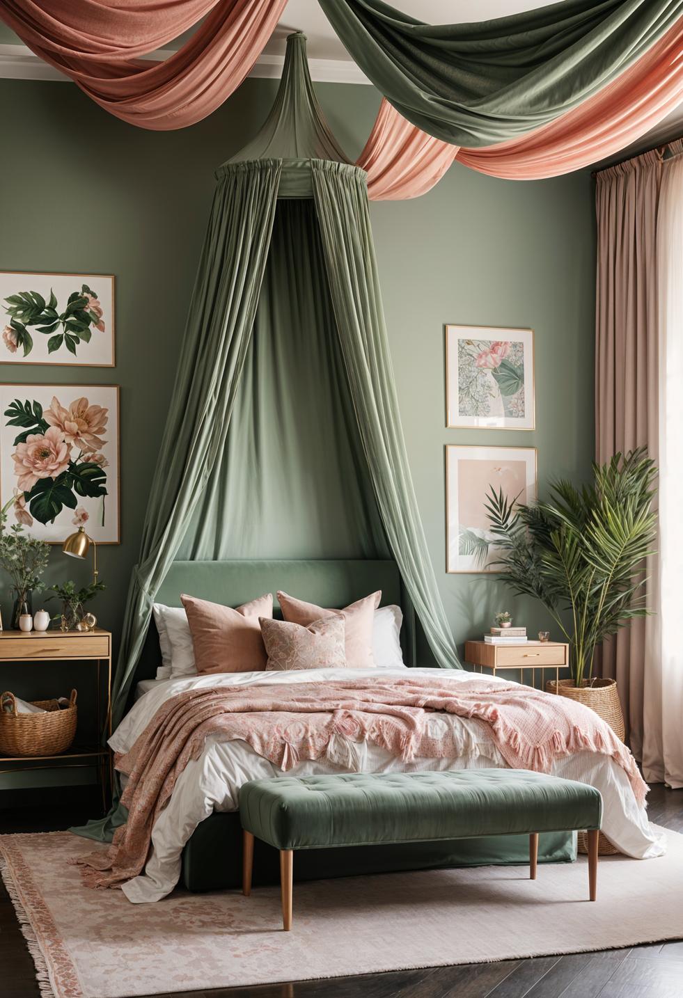 30 Chic Sage Green and Blush Bedroom Ideas 32 16. Vintage Fabric Canopy Inspiration-0
