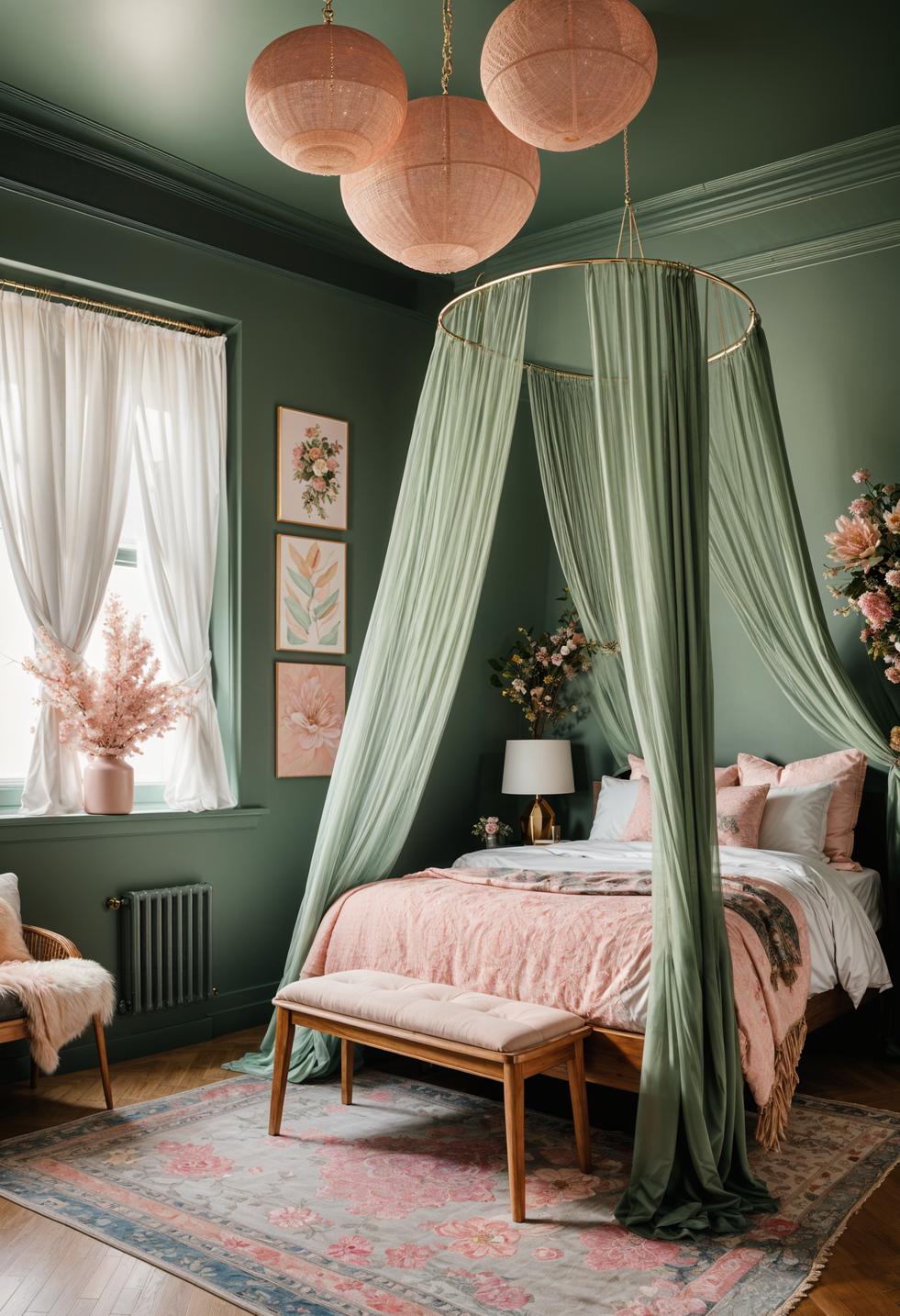 30 Chic Sage Green and Blush Bedroom Ideas 33 16. Vintage Fabric Canopy Inspiration-1