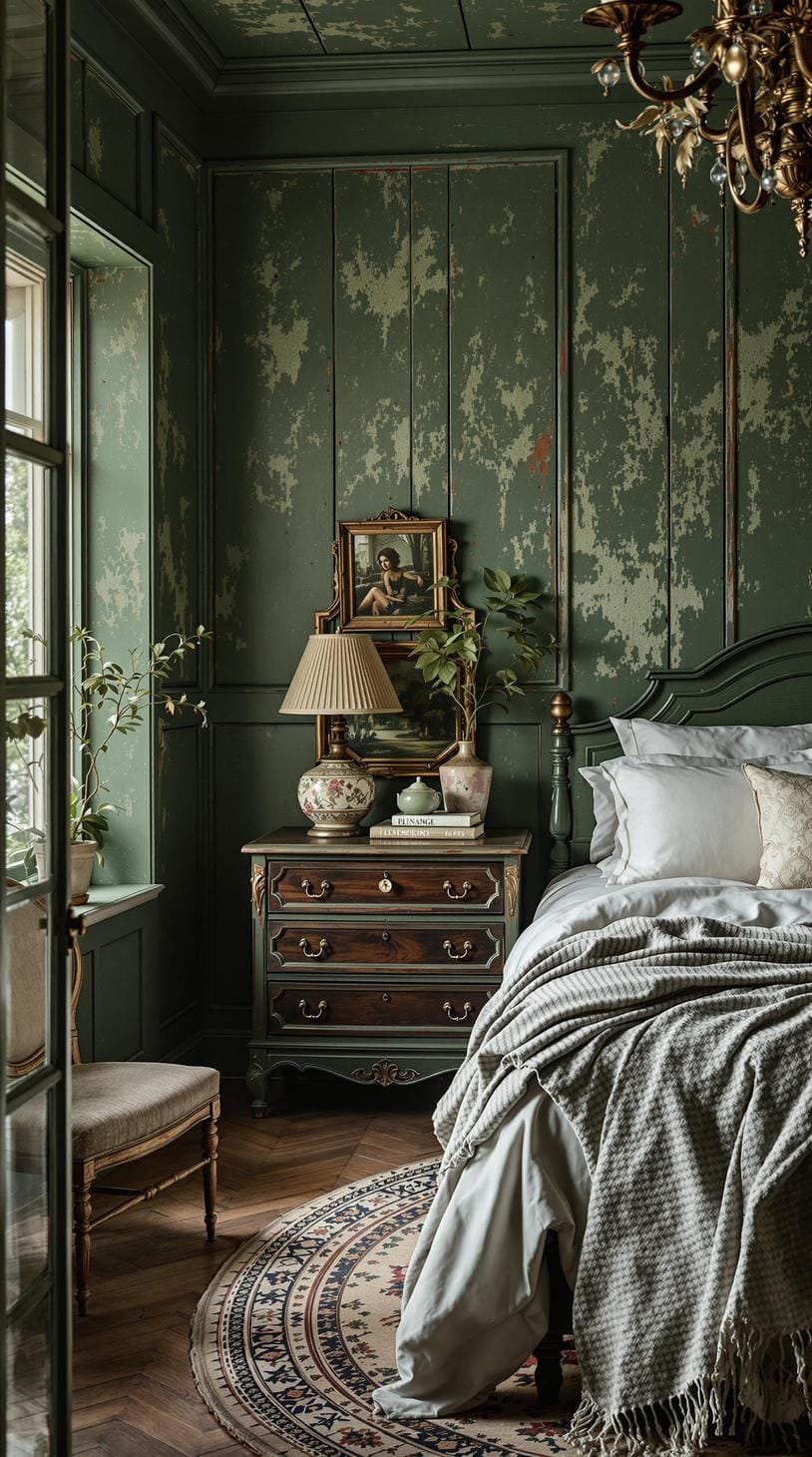 20 moody green bedroom ideas for a cozy retreat 7 2. Vintage forest: Integrate desperate wood paneling with sage green colors and antique facilities-1