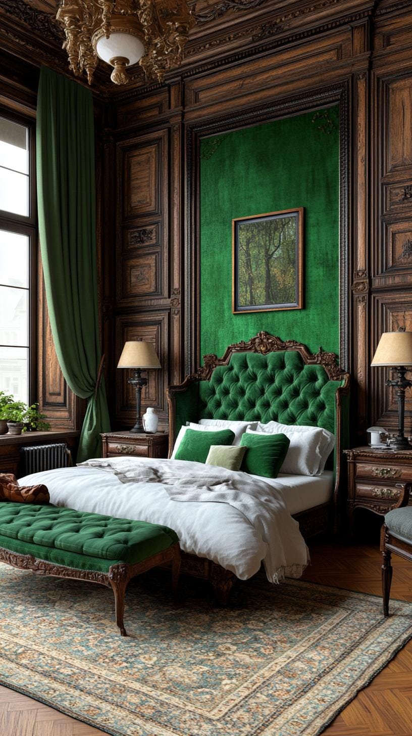 20 moody green bedroom ideas for a cozy retreat 8 2. Vintage Forest: Integrate Desperated Wood paneling with sage-green colors and antique furnishings-2