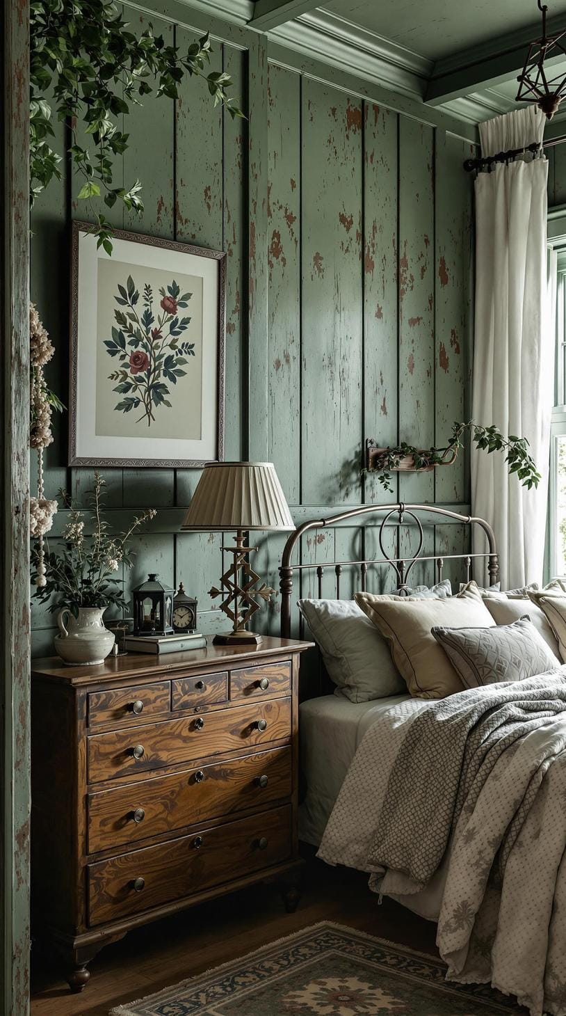 20 moody green bedroom ideas for a cozy retreat 9 2. Vintage forest: Integrate necessary wood paneling with sage green colors and antique facilities 3