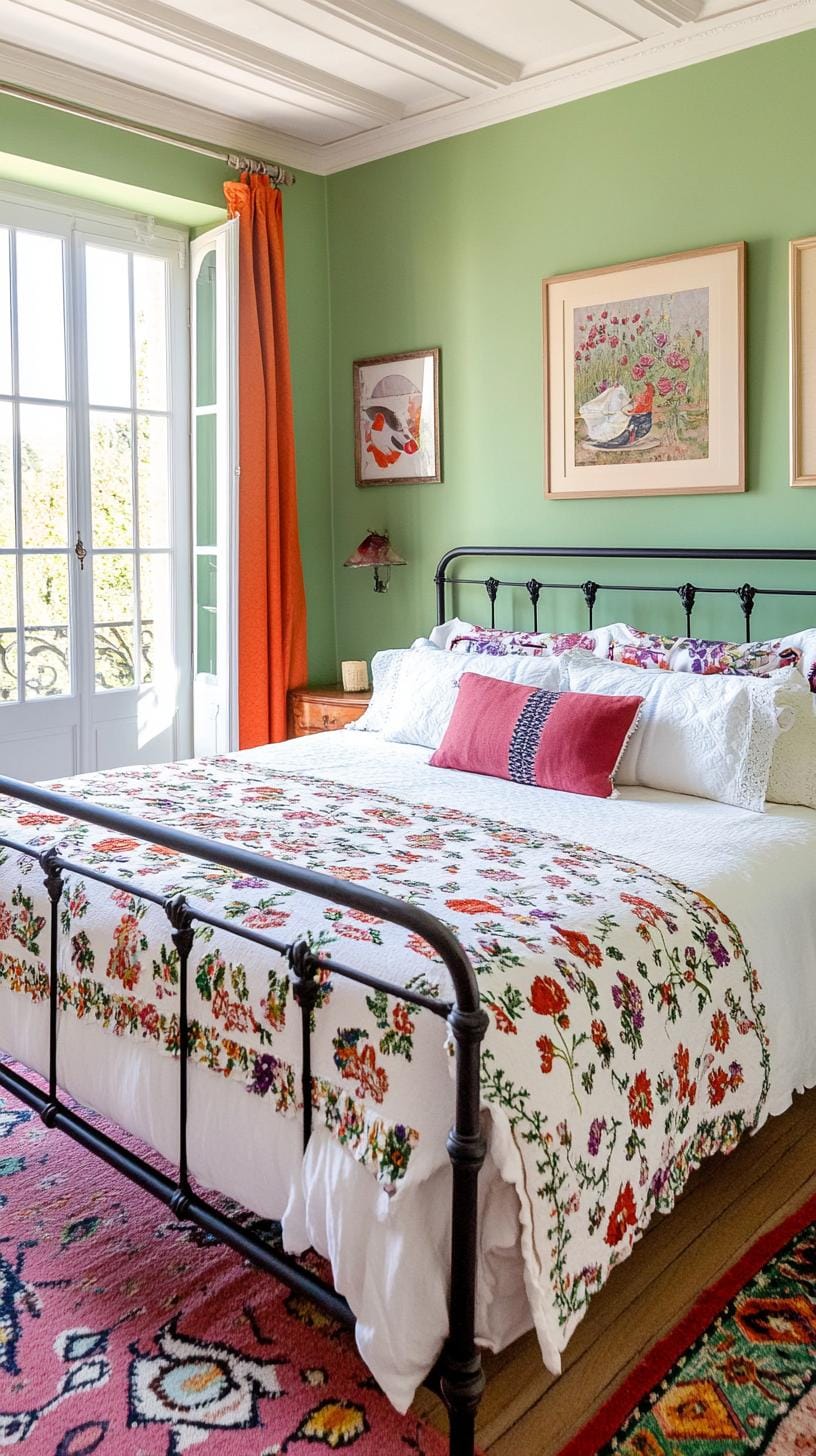 23 atemberaubende Ideen für olivgrüne Schlafzimmer, die Sie absolut lieben werden 68 21. Vintage Französisch Olivengrün-Schlafzimmer mit eleganten Eisenbetten und Blumenmustern-0