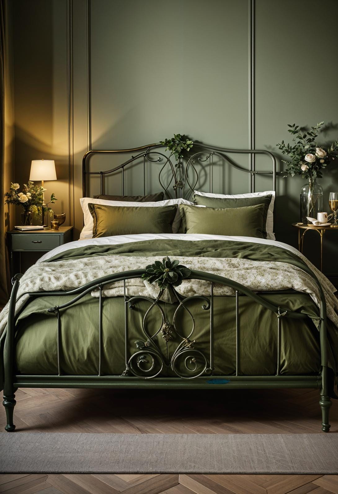 23 atemberaubende Ideen für olivgrüne Schlafzimmer, die Sie absolut lieben werden 69 21. Vintage Französisch Olivengrün-Schlafzimmer mit eleganten Eisenbetten und Blumenmustern-1