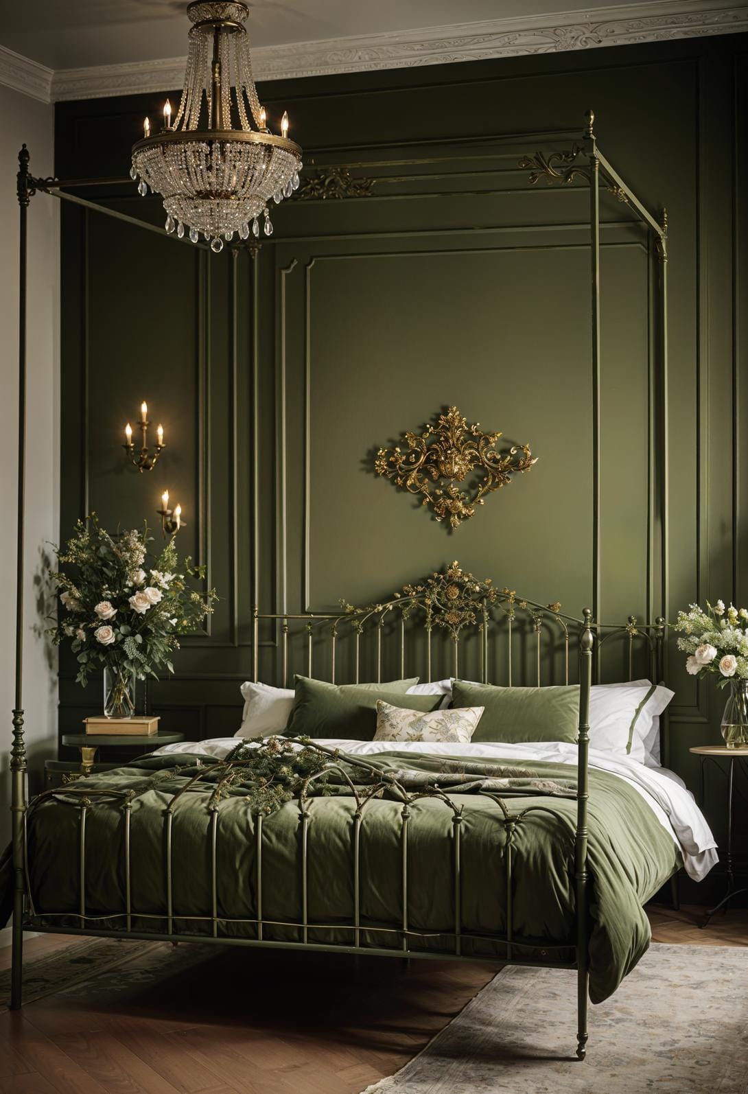 23 atemberaubende Ideen für olivgrüne Schlafzimmer, die Sie absolut lieben werden 70 21. Vintage Französisch Olivengrün-Schlafzimmer mit eleganten Eisenbetten und Blumenmustern-2
