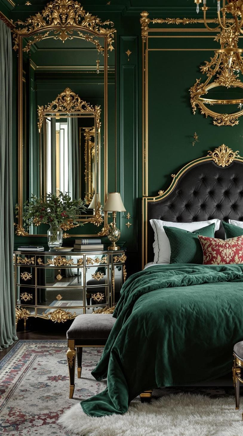 20 moody green bedroom ideas for a cozy retreat 46 14. Vintage glamor: combine deep jade grasses with mirrored surfaces and antique gold frame-2