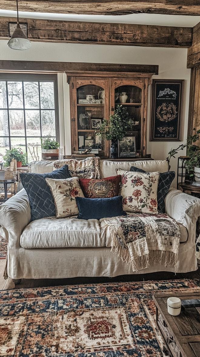 19 cozy Moody Farmhouse Living Room Ideas, the WoW 59 19. Vintage Jewel-Tone Layered Comfort Concept-0