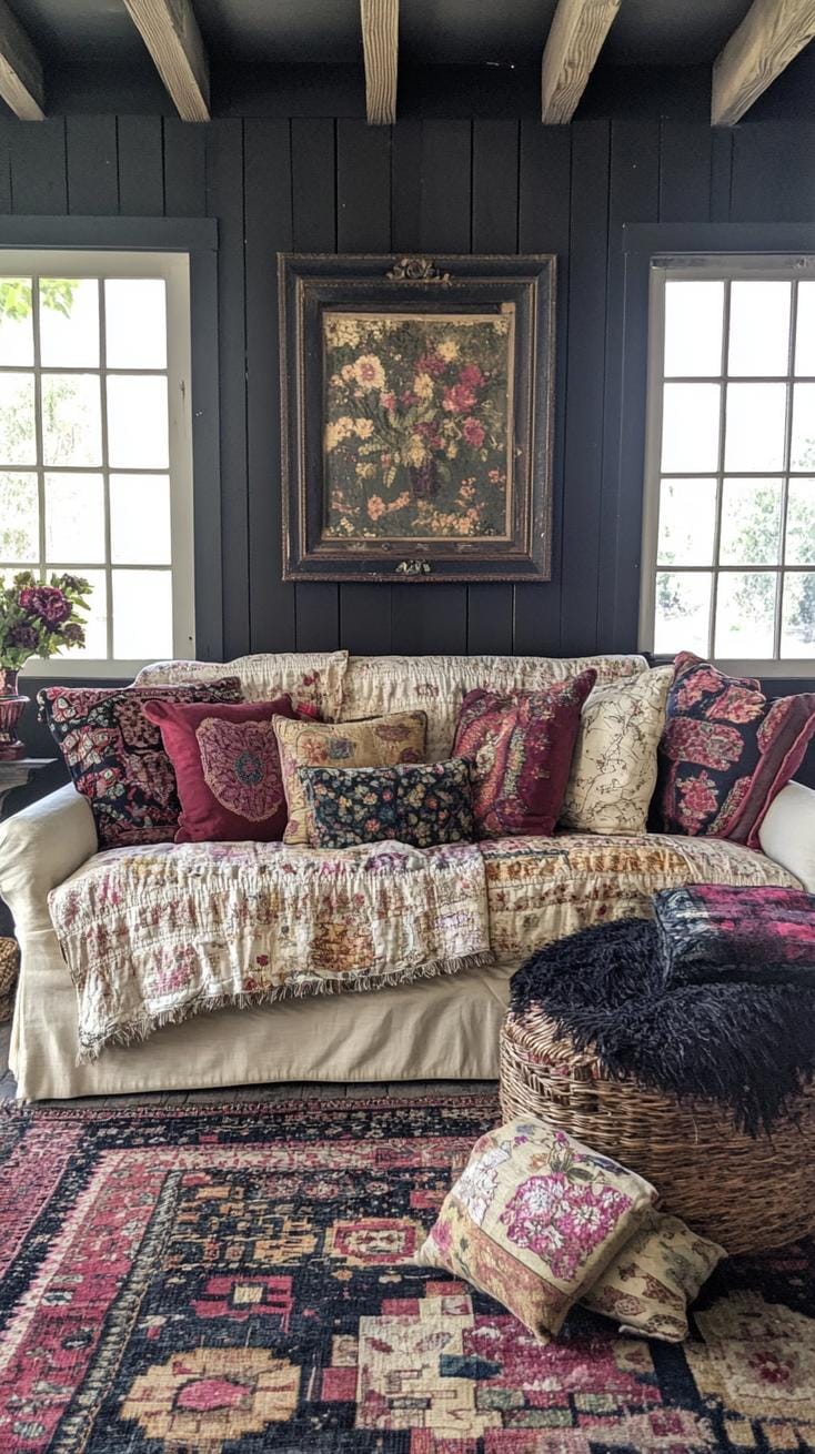19 cozy moody farmhouse living room ideas, the 60 wow 60 19. Vintage Jewel-Tone Layered Comfort Concept-1