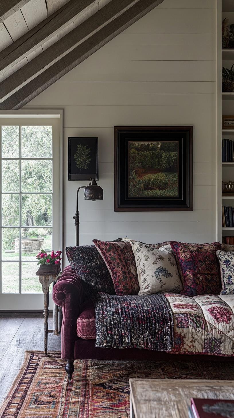 19 Cosy Moody farmhouse living room ideas, the wow 61 19. Vintage Jewel-Tone Layered Comfort Concept-2