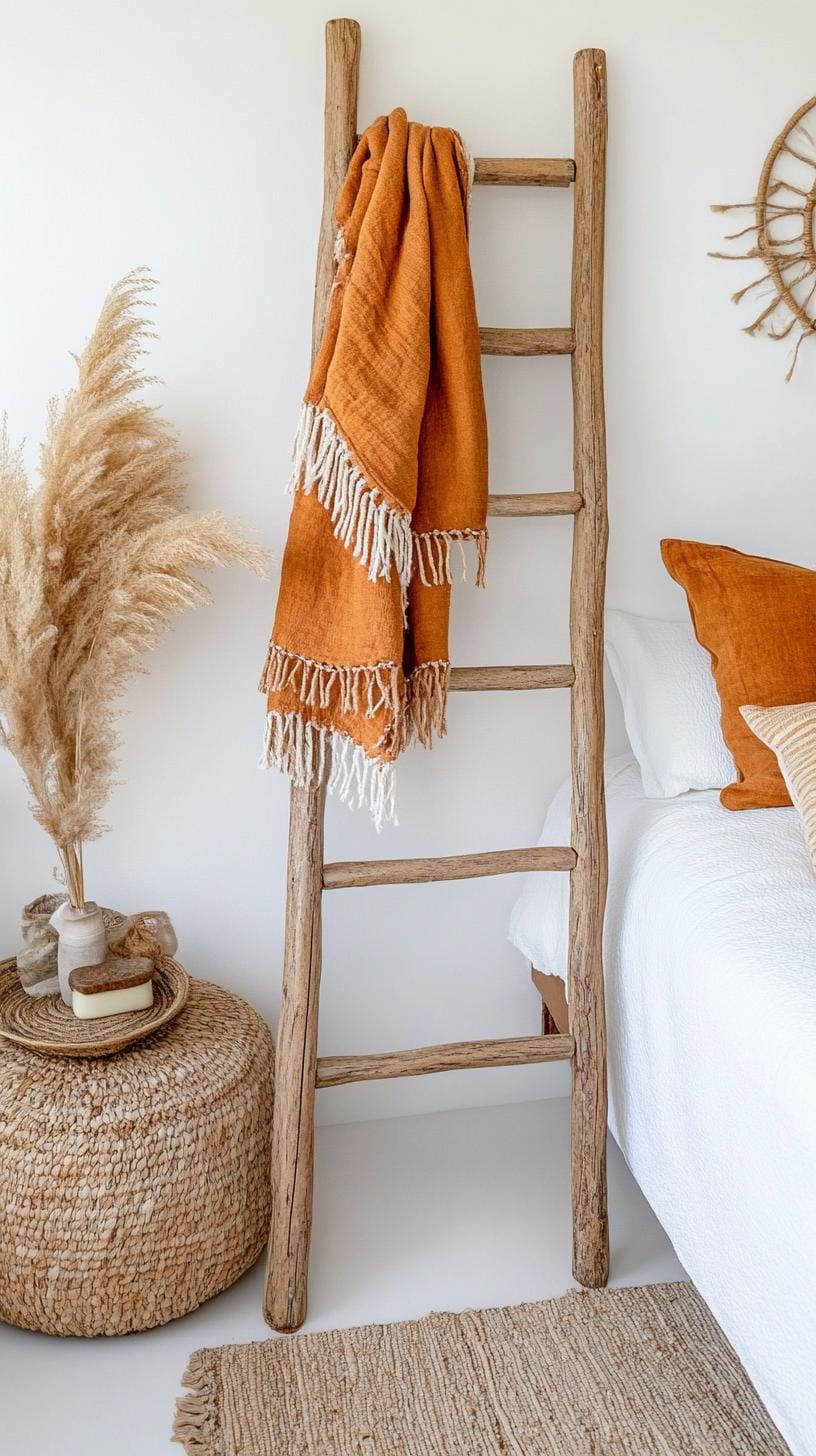 15 unique Boho bedroom -Decor ideas that you have to see 17 6. Vintage Ladder Ceiling Rack Charm-0