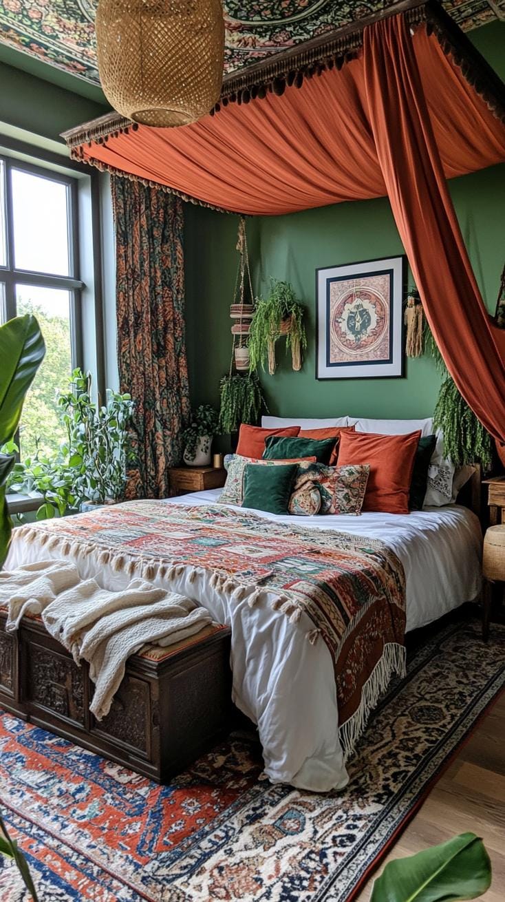 23 atemberaubende Ideen für olivgrüne Schlafzimmer, die Sie absolut lieben werden 39 12. Vintage Olivengrünes Schlafzimmer mit antiken Möbeln und Retro-Mustern-0