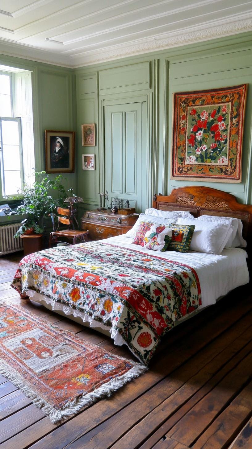 23 atemberaubende Ideen für olivgrüne Schlafzimmer, die Sie absolut lieben werden 40 12. Vintage Olivengrünes Schlafzimmer mit antiken Möbeln und Retro-Mustern-1
