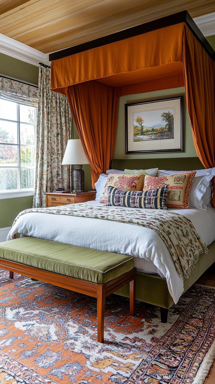 23 atemberaubende Ideen für olivgrüne Schlafzimmer, die Sie absolut lieben werden 41 12. Vintage Olivengrünes Schlafzimmer mit antiken Möbeln und Retro-Mustern-2