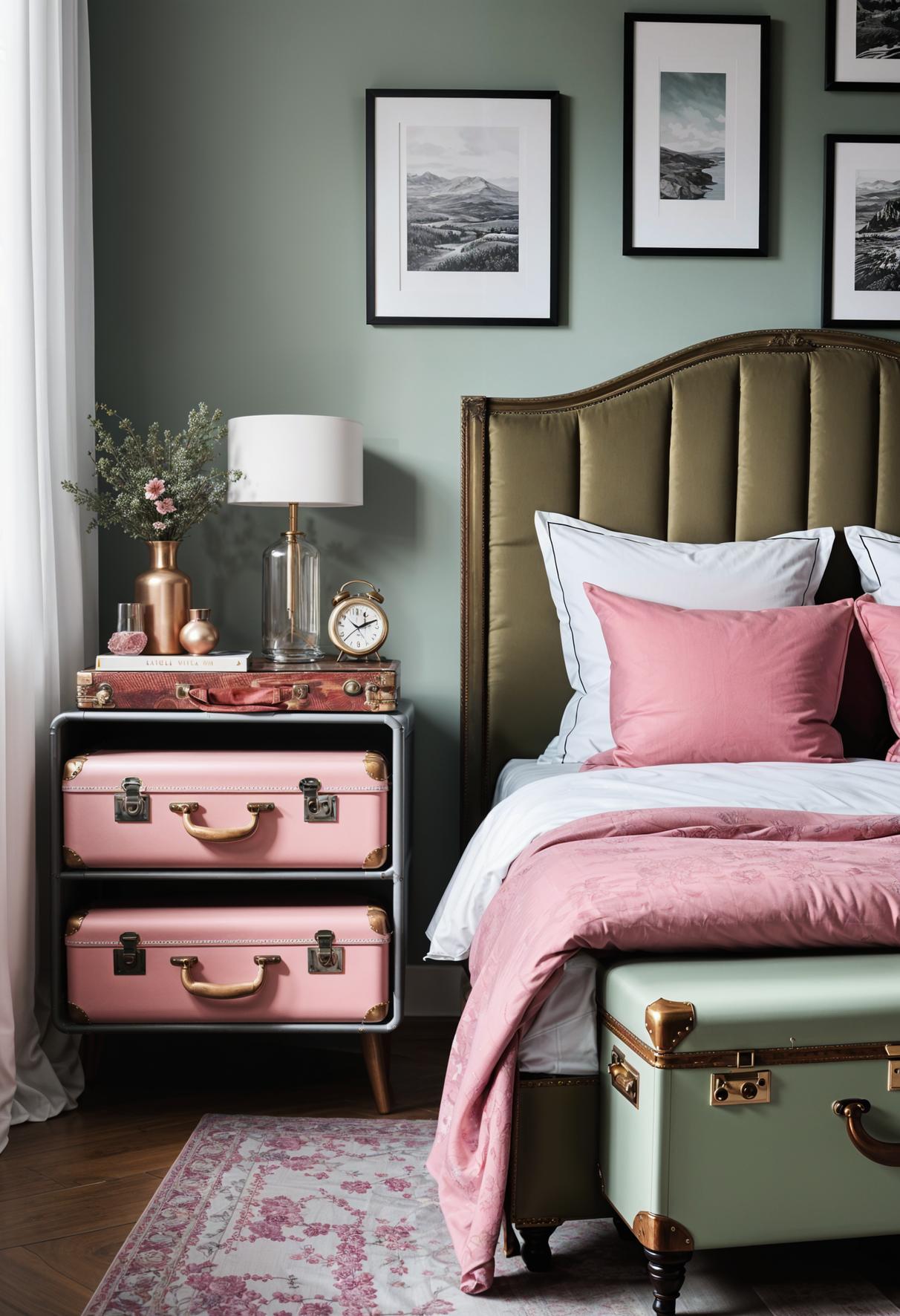 31 Chic Sage Green and Pink Bedroom Inspirations 45 29. Vintage Suitcase Nightstands Makeover-0