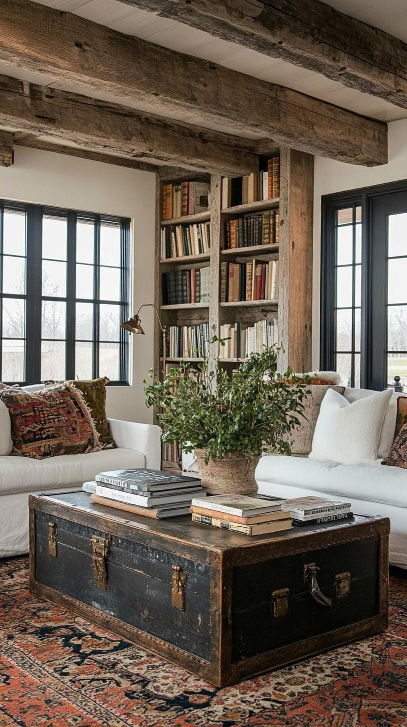 19 Cosy Moody farmhouse living room ideas, the wow 37 12. Vintage Trunk coffee table styling-0