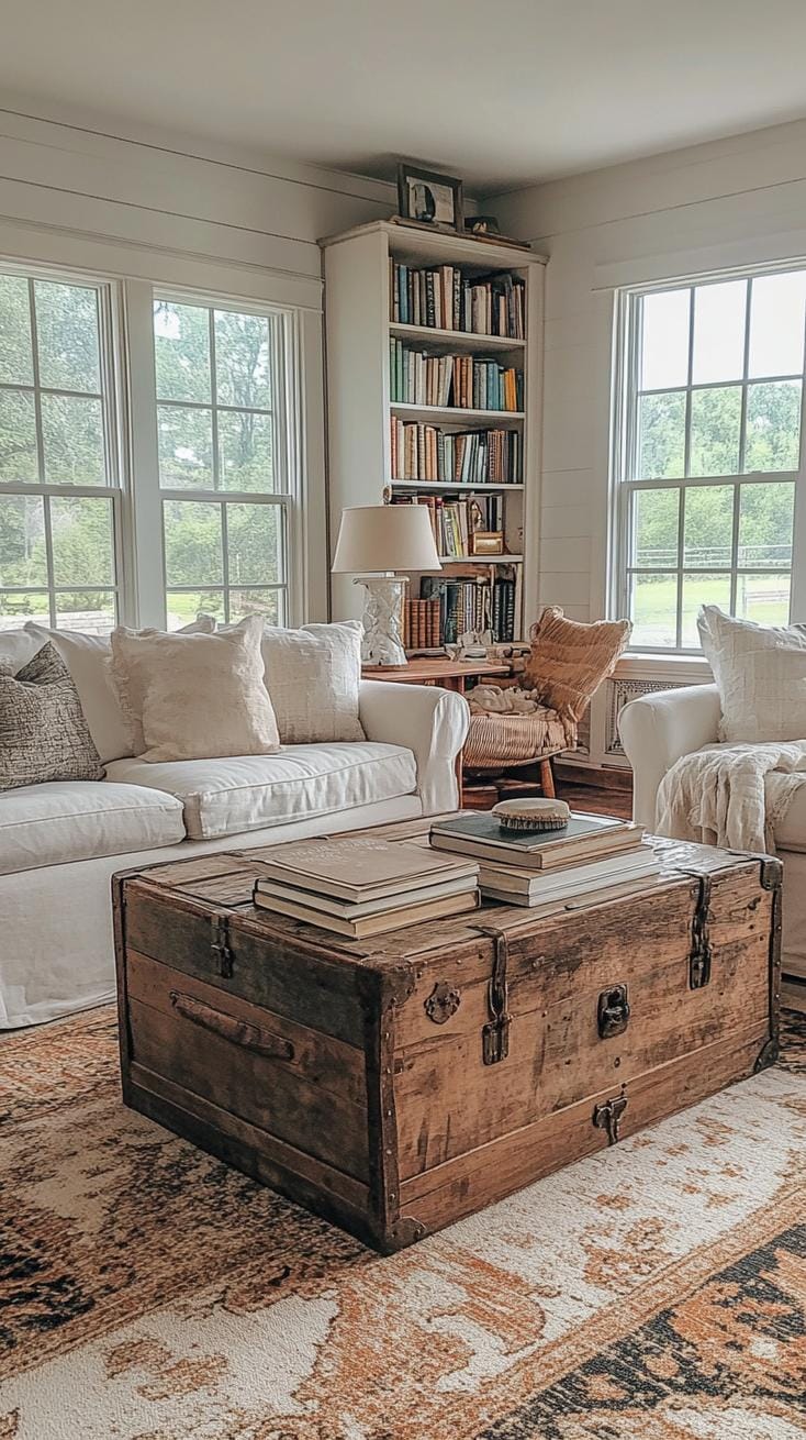 19 Cosy Moody farmhouse living room ideas, the WoW 38 12. Vintage Trunk coffee table styling-1