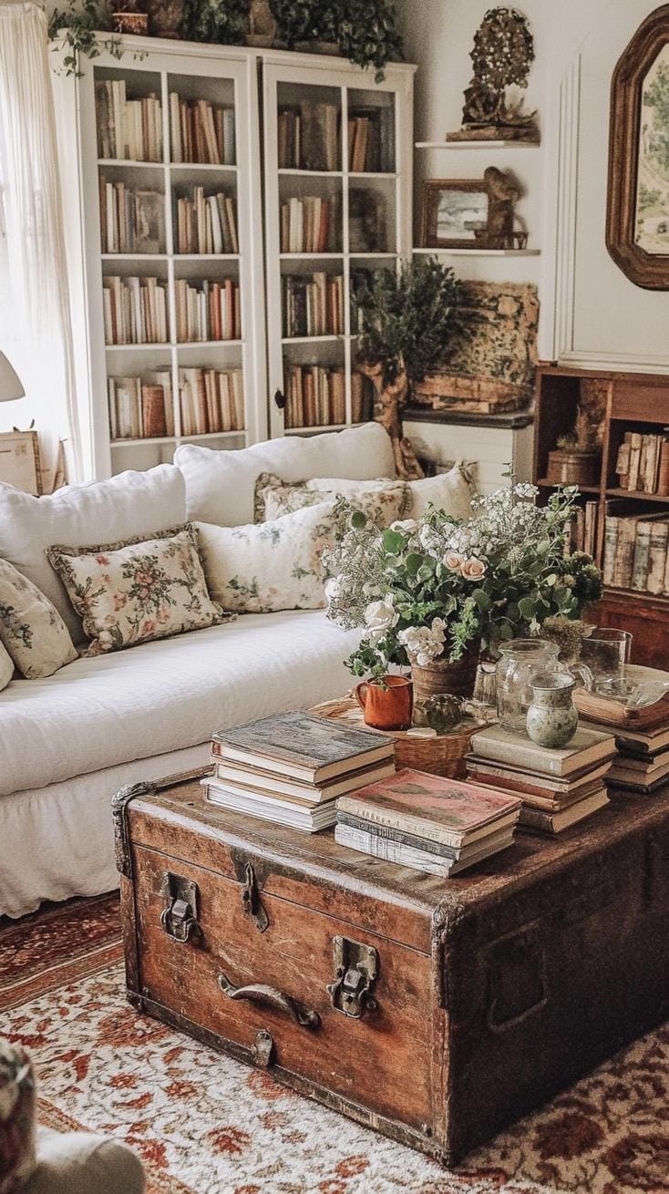 19 Cosy Moody farmhouse living room ideas, the WoW 39 12. Vintage Trunk coffee table styling-2