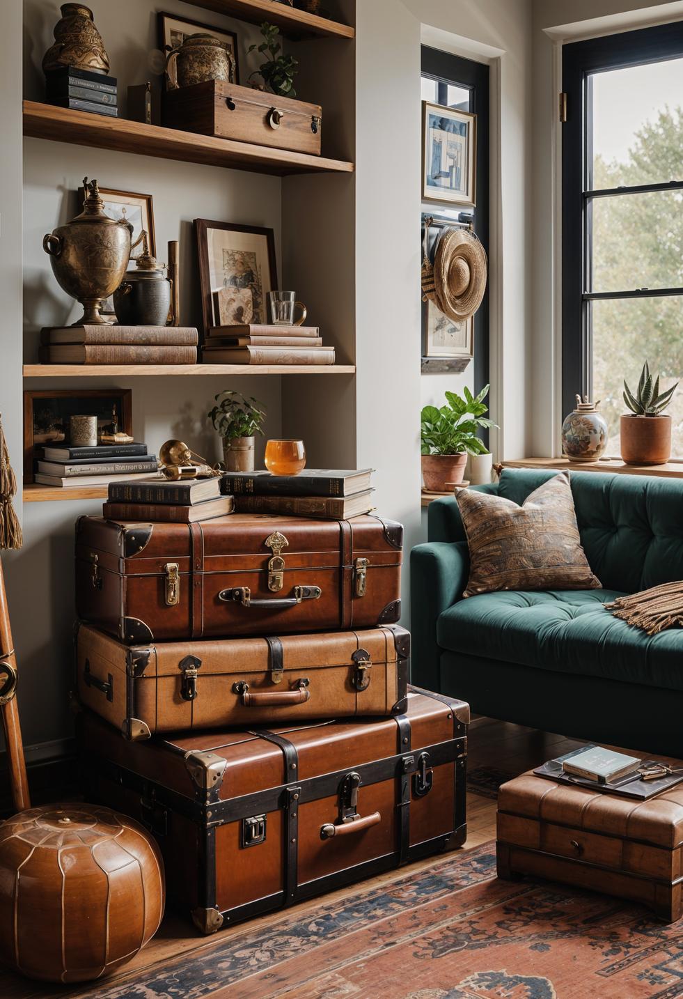 45 Chic & Modern Boho Living Room Ideas To Copy 35 14. Vintage Trunk Stacked Shelves-0