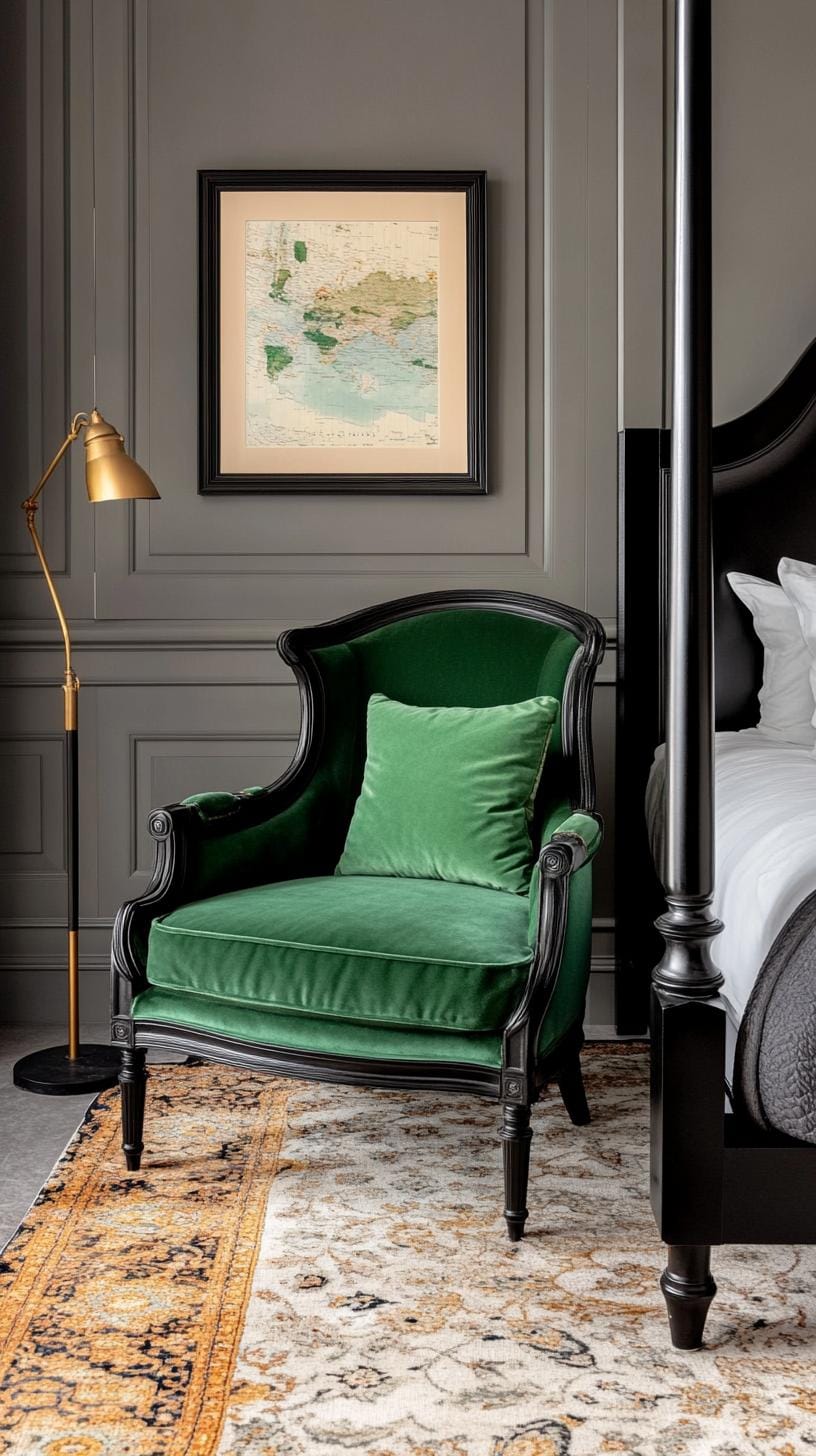 20 elegant black and green bedroom ideas that you have to see 29 9. Vintage Velvet: Combine